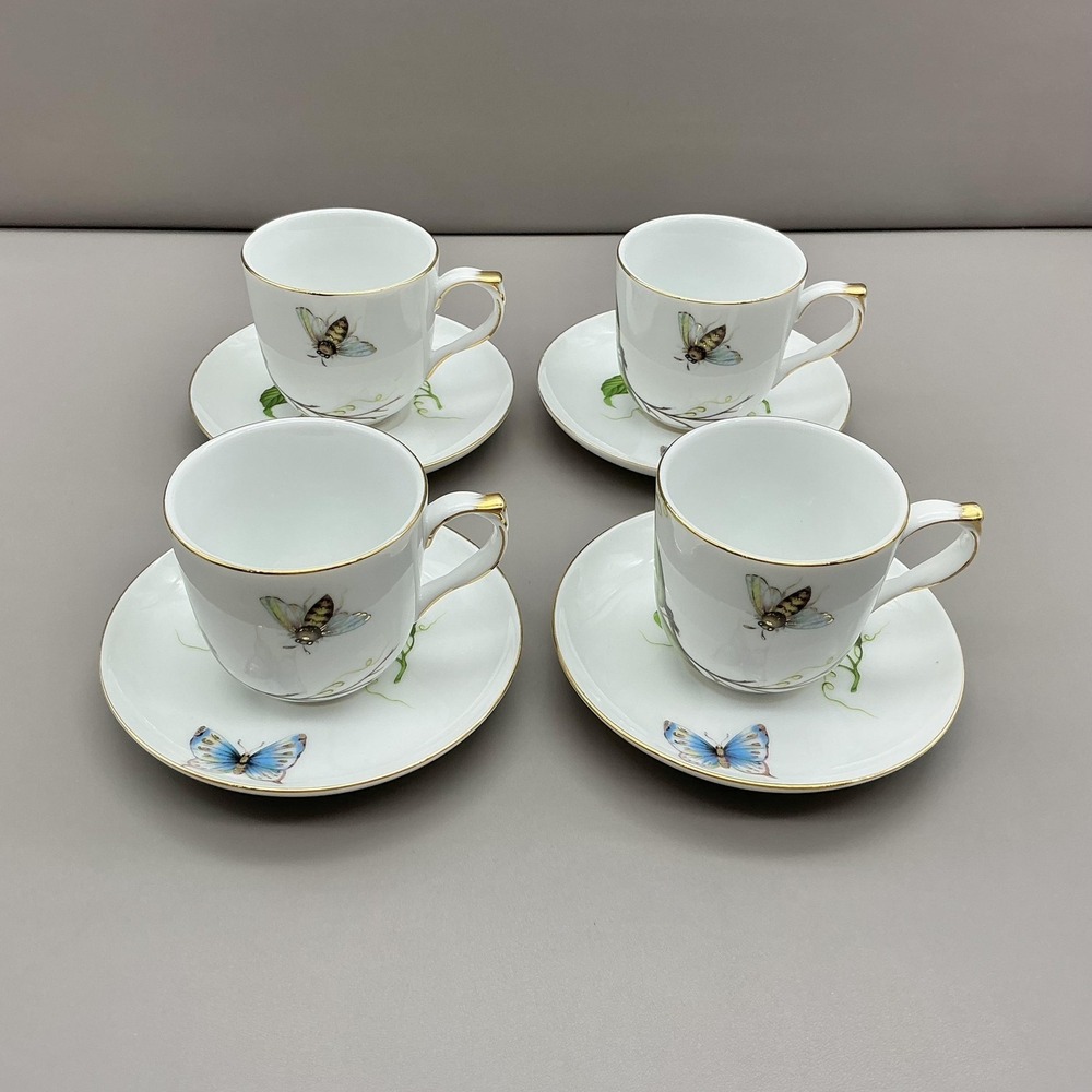 Godinger & Co‎ Butterfly Cup & Saucer Set 4 White Porcelain Gold Trim Demitasse